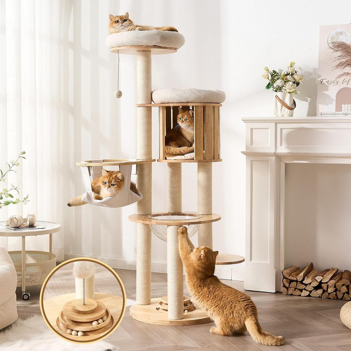 Modern Cat Tree Tower with Scratching Post, 61.5in Tall Cat Tree for Indoor Cats, Multi-Level Solid Wood Cat Furniture with Ladder, Cozy Cat Beds, Cat Condo, Capsule Nest, Dangling Toy, Natural