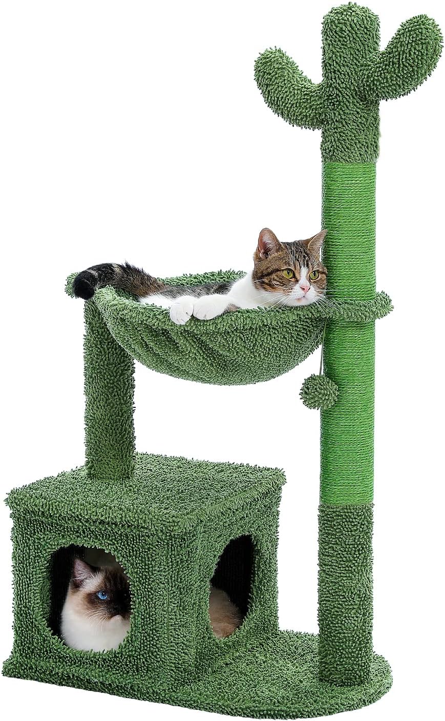 Modern Cat Tree for Large Cats, Wood Cat Tower for Indoor Cats, Real Branch Luxury Cat Furniture with Super Large Cozy Condo and Hammock & Scratching Post, Top Basket, White