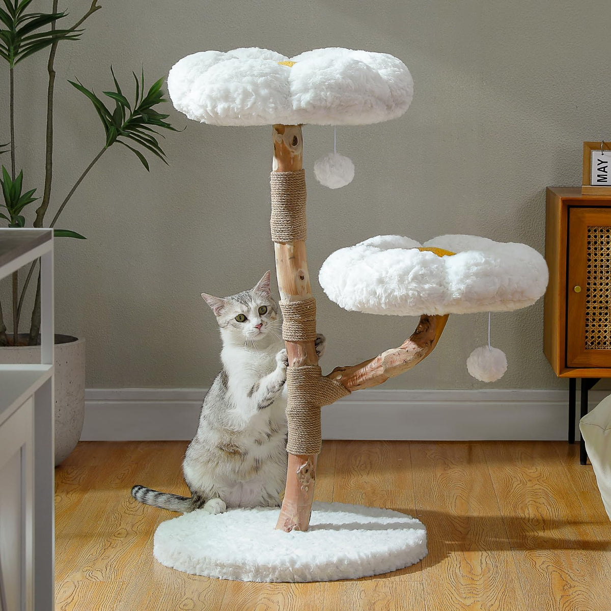 59" Modern Wood Cat Tree for Large Cats, Boho Style, Cloud White