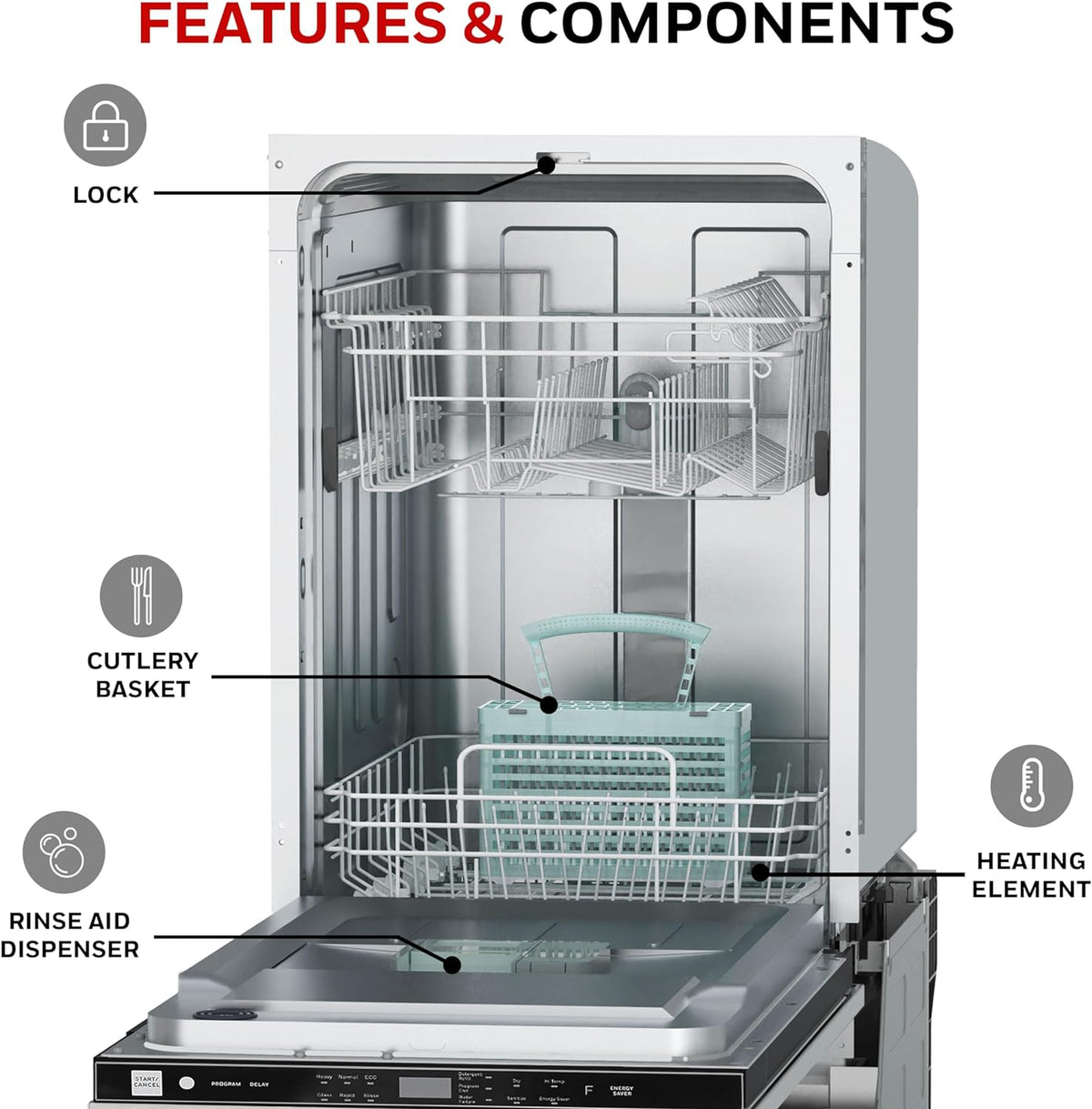 18 Inch Dishwasher with 8 Place settings, 6 Washing Programs, Stainless Steel Tub, UL/Energy Star- Stainless Steel