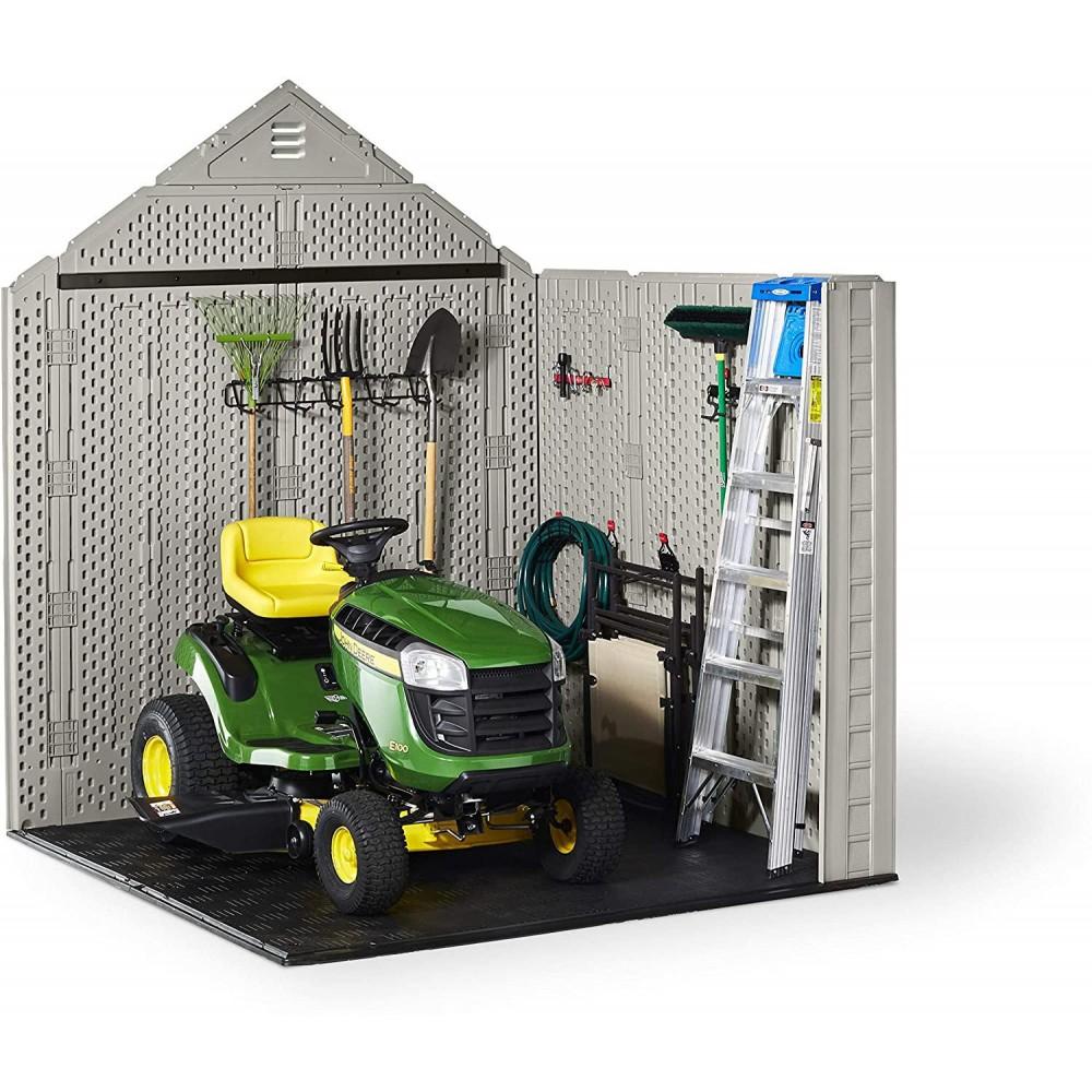7 7 Ft Durable Weather Resistant Resin Outdoor Garden Storage Shed with Windows and Utility Hooks, Sand