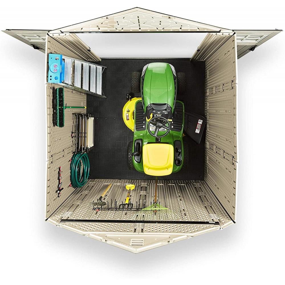 7 7 Ft Durable Weather Resistant Resin Outdoor Garden Storage Shed with Windows and Utility Hooks, Sand