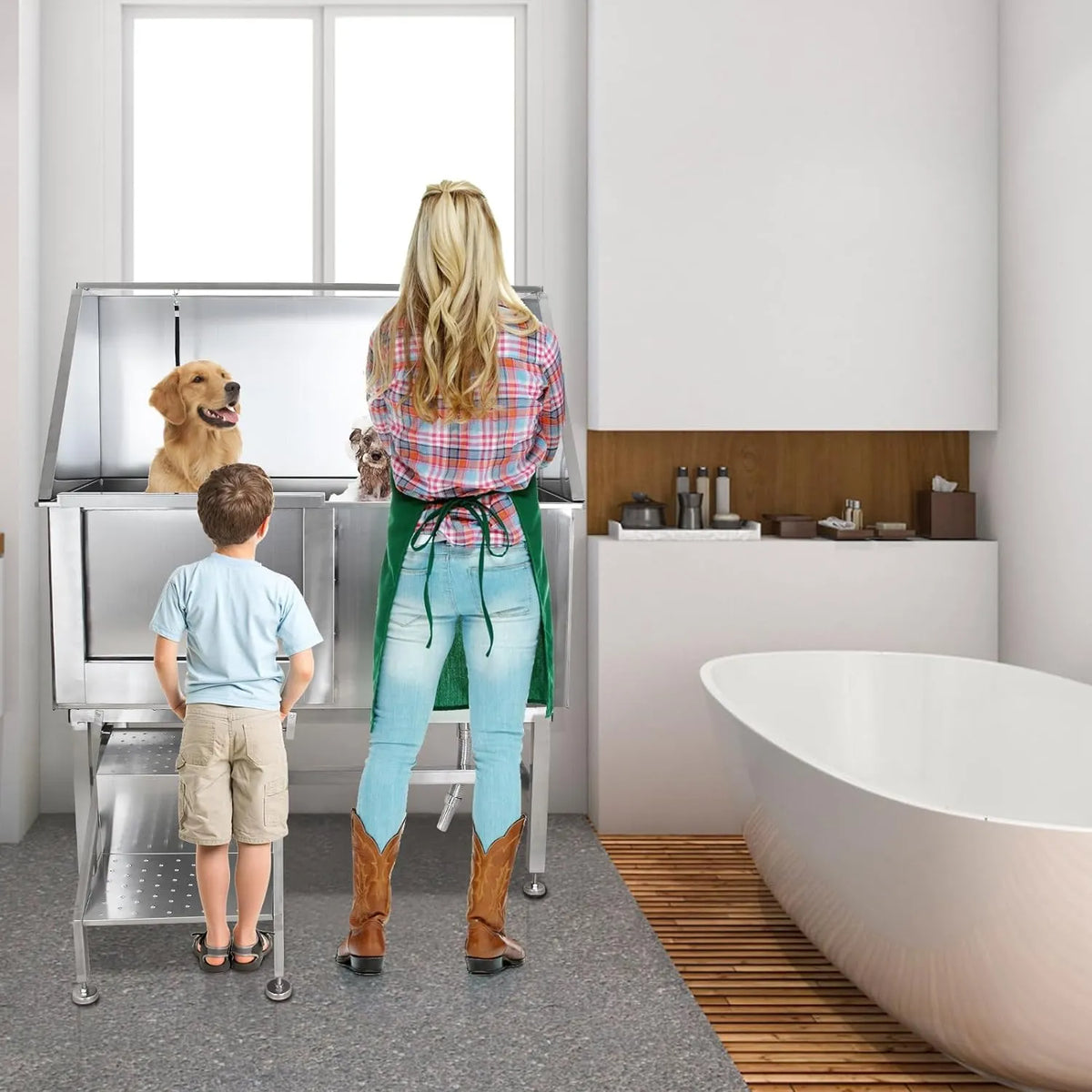 50" Dog Wash Bathtub, Pet Wash Station, Professional Stainless Steel Dog Grooming Tub with Ramp, Faucet, Sprayer, Drain Kit, Right Door
