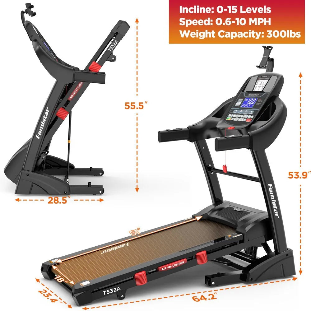 Folding Treadmill for Home with 15 Levels Auto Incline, 300LB Capcity, 10MPH Fast Speed Controls