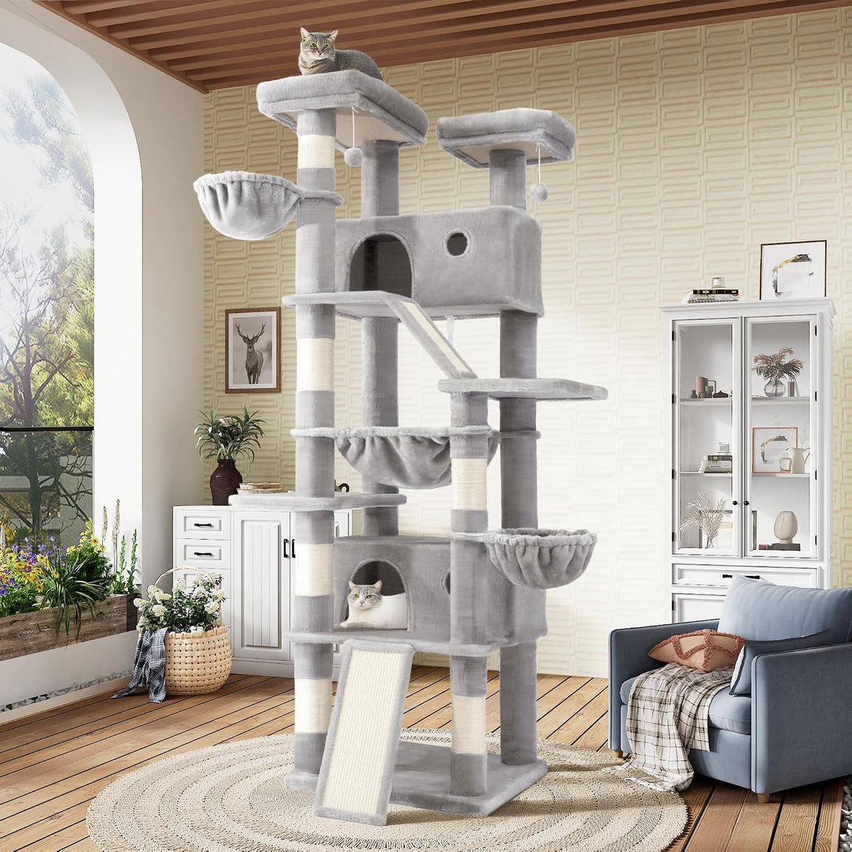 SHA CERLIN 81in Multi-Level Tall Cat Tree Tower for Indoor Kitties/Larger Cat Condo Furniture with Hammock/Cozy Pussycat Perches/Sisal Scratching Posts/Pet House/Wide Base/White & Black Spot