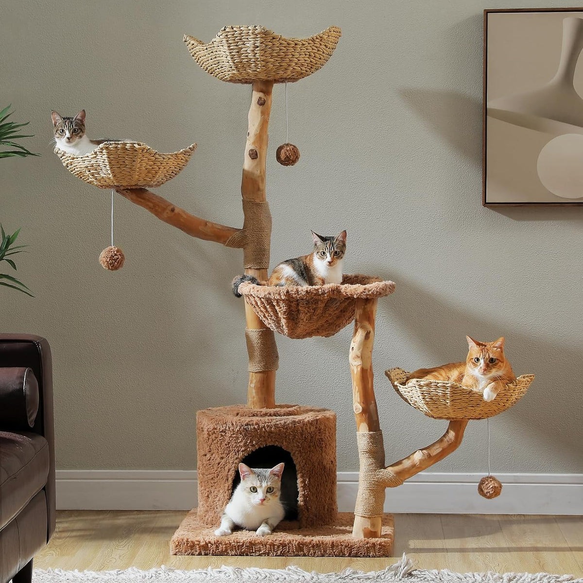 PAWZ Road 59" Modern Cat Tree, Natural Wood Cat Tower for Large Cats White