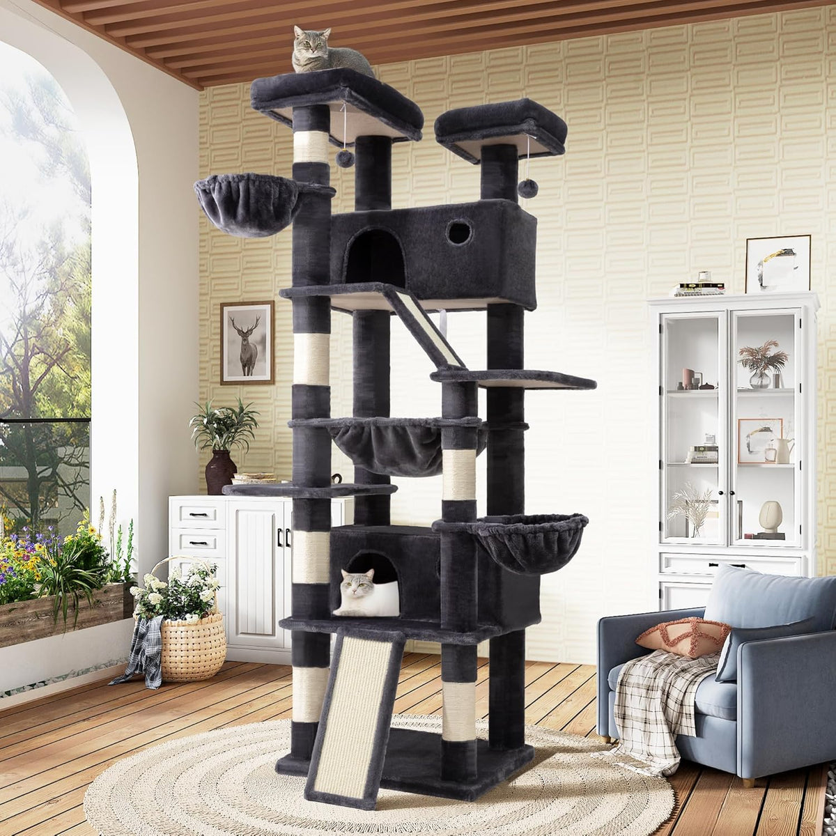 SHA CERLIN 81in Multi-Level Tall Cat Tree Tower for Indoor Kitties/Larger Cat Condo Furniture with Hammock/Cozy Pussycat Perches/Sisal Scratching Posts/Pet House/Wide Base/White & Black Spot
