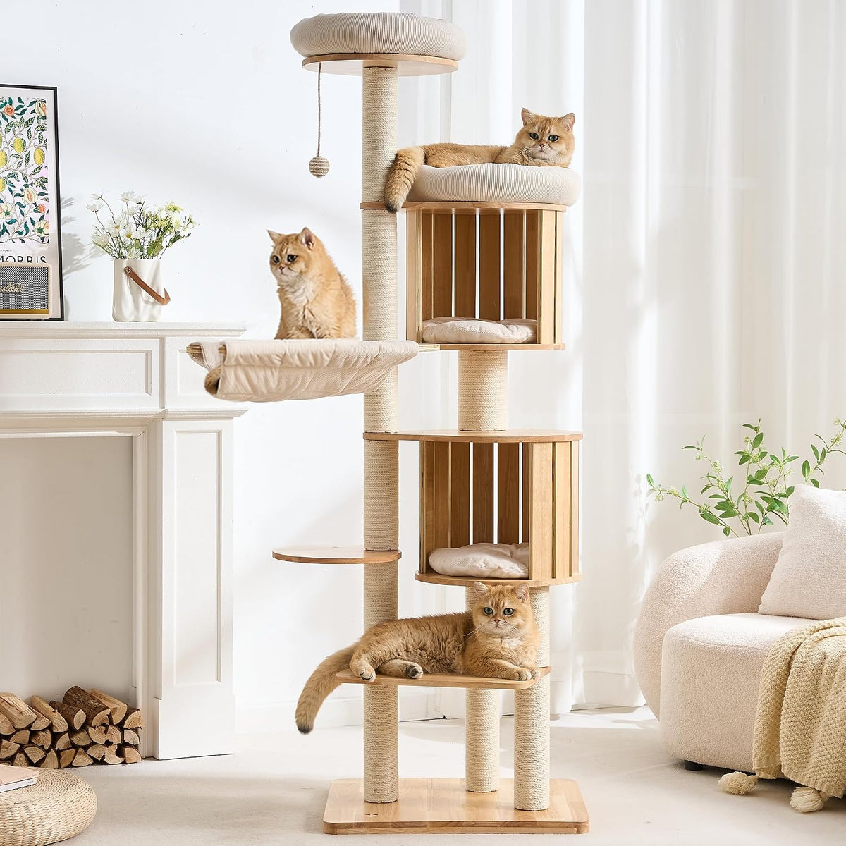 Modern Cat Tree Tower with Scratching Post, 61.5in Tall Cat Tree for Indoor Cats, Multi-Level Solid Wood Cat Furniture with Ladder, Cozy Cat Beds, Cat Condo, Capsule Nest, Dangling Toy, Natural