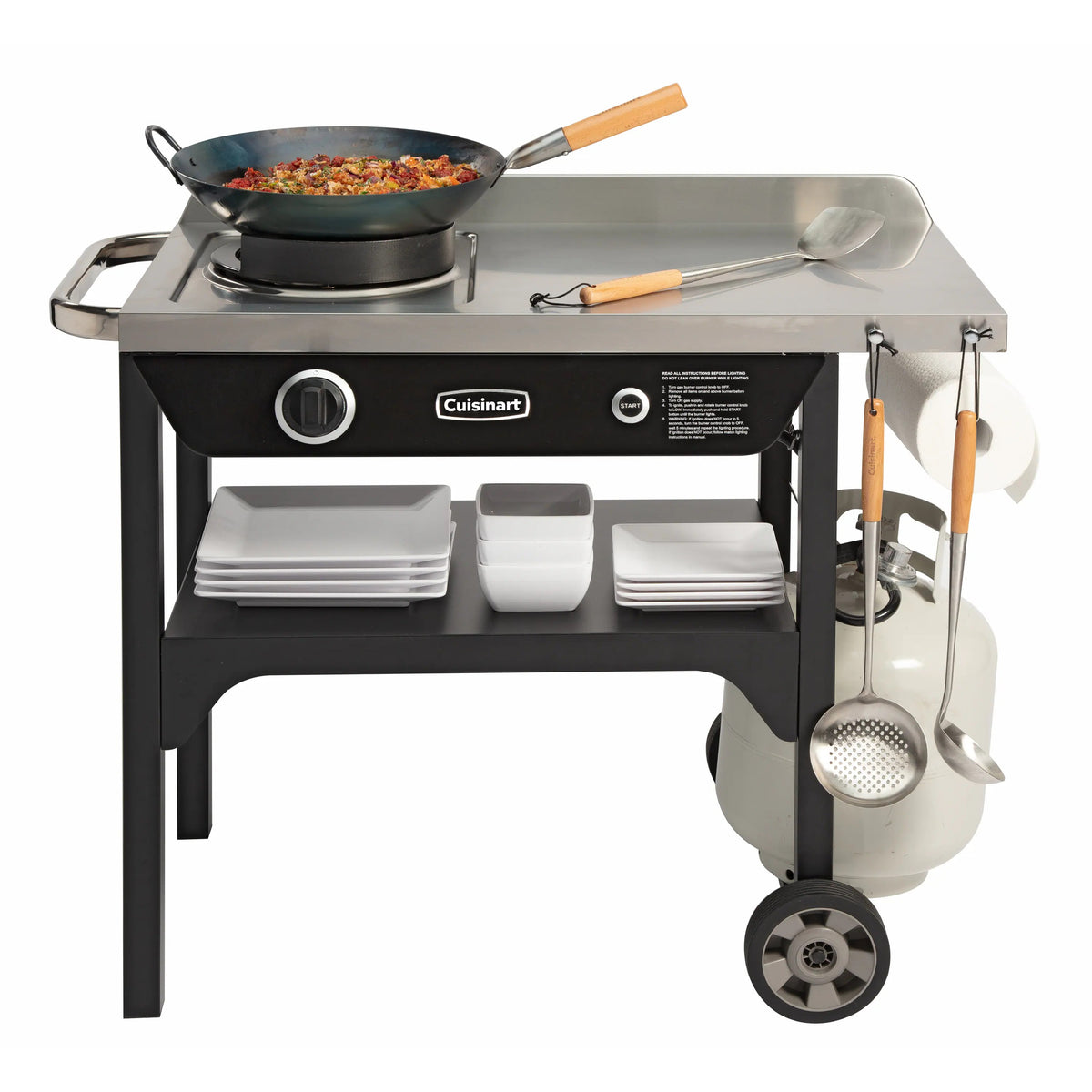 Outdoor Wok Station, 50,000 BTU Propane Outdoor Wok Burner w Prep Table, 14 Carbon Steel Wok for Stir Fry, Searing, BBQ Black