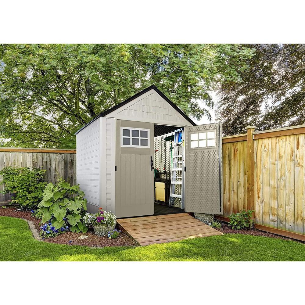 7 7 Ft Durable Weather Resistant Resin Outdoor Garden Storage Shed with Windows and Utility Hooks, Sand