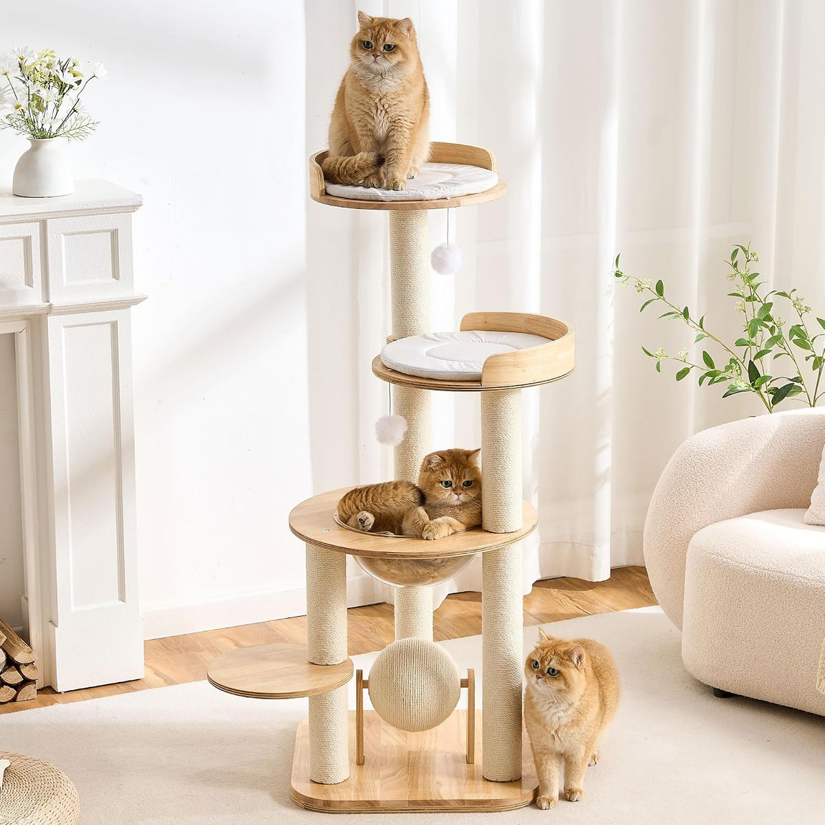 Wood Modern Cat Tree, 61.5" Cat Tower with Sisal Scratching Posts, Cat Condo, Capsule,Hamnock and Spinner Toy, Solid Wooden Aesthetic Multi-Level Cat Climbing Tree for Adult Indoor Cats-White