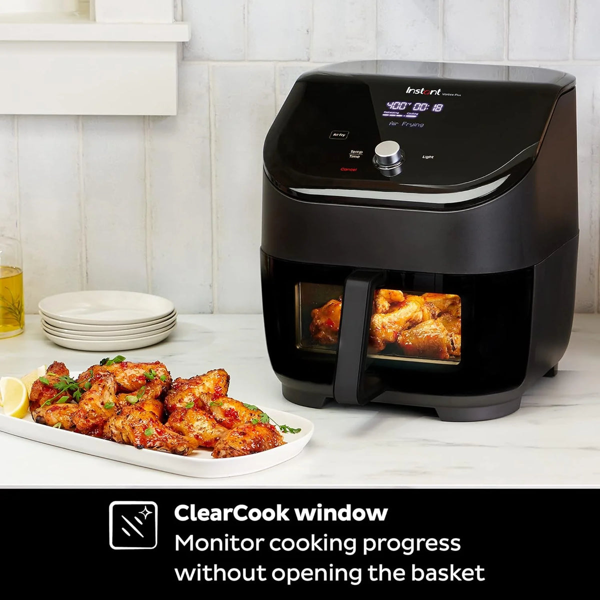 6QT Air Fryer, Clear Windows, Custom Program Options, 6-in-1 Functions, Crisps, Broils, Roasts, Dehydrates, Bakes, Reheats, from the, Black