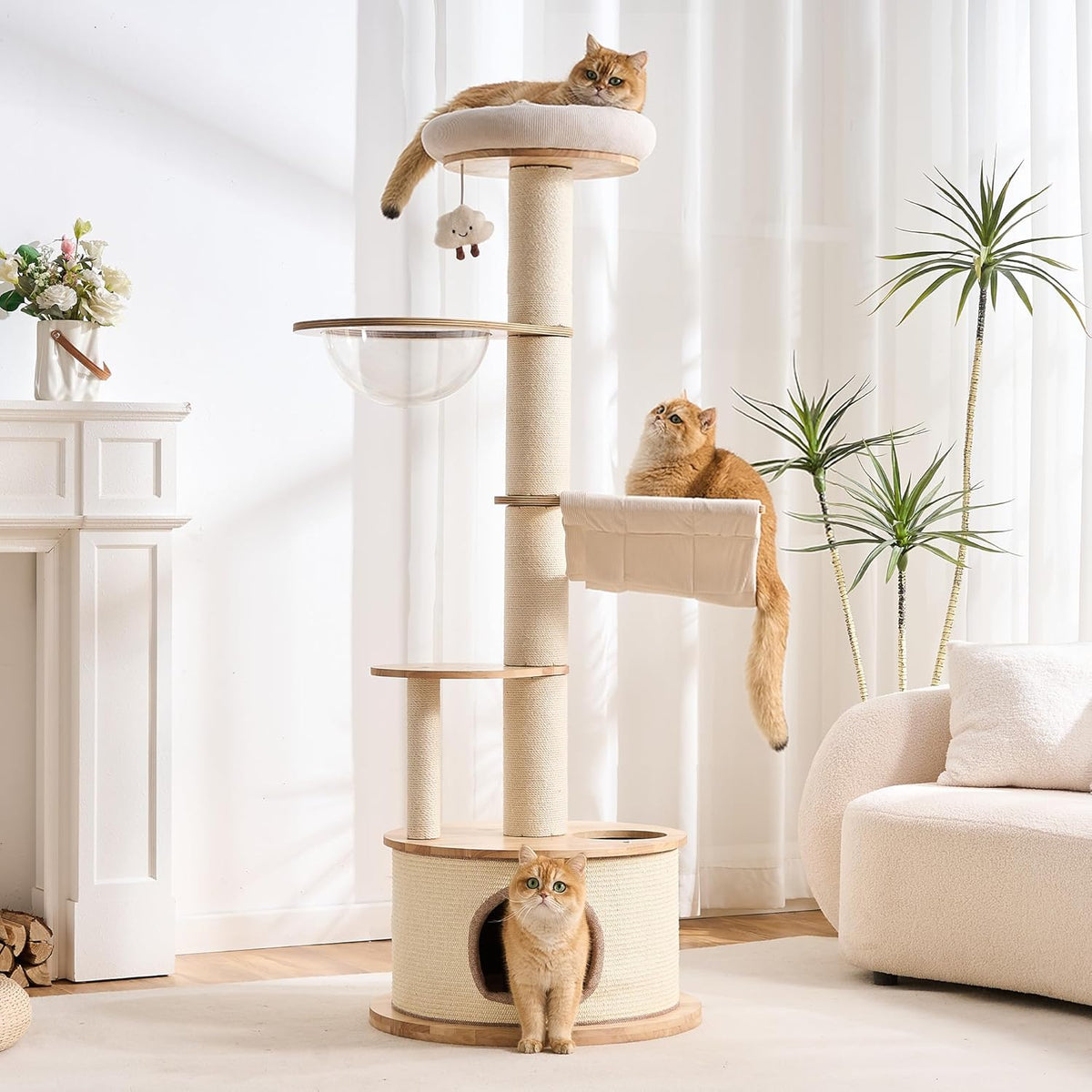 Modern Cat Tree Tower with Scratching Post, 61.5in Tall Cat Tree for Indoor Cats, Multi-Level Solid Wood Cat Furniture with Ladder, Cozy Cat Beds, Cat Condo, Capsule Nest, Dangling Toy, Natural