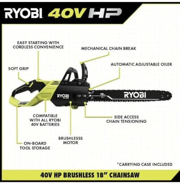 18 40V Cordless Chainsaw Kit with Battery& Charger, Green