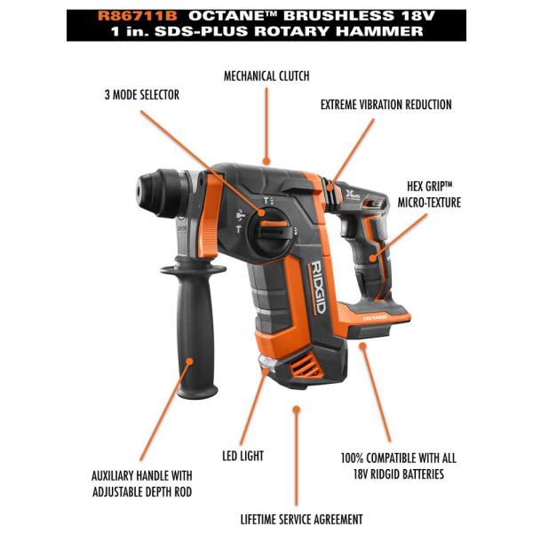 18-Volt Cordless Brushless 1 in. SDS-Plus Rotary Hammer (Tool Only) R86711B