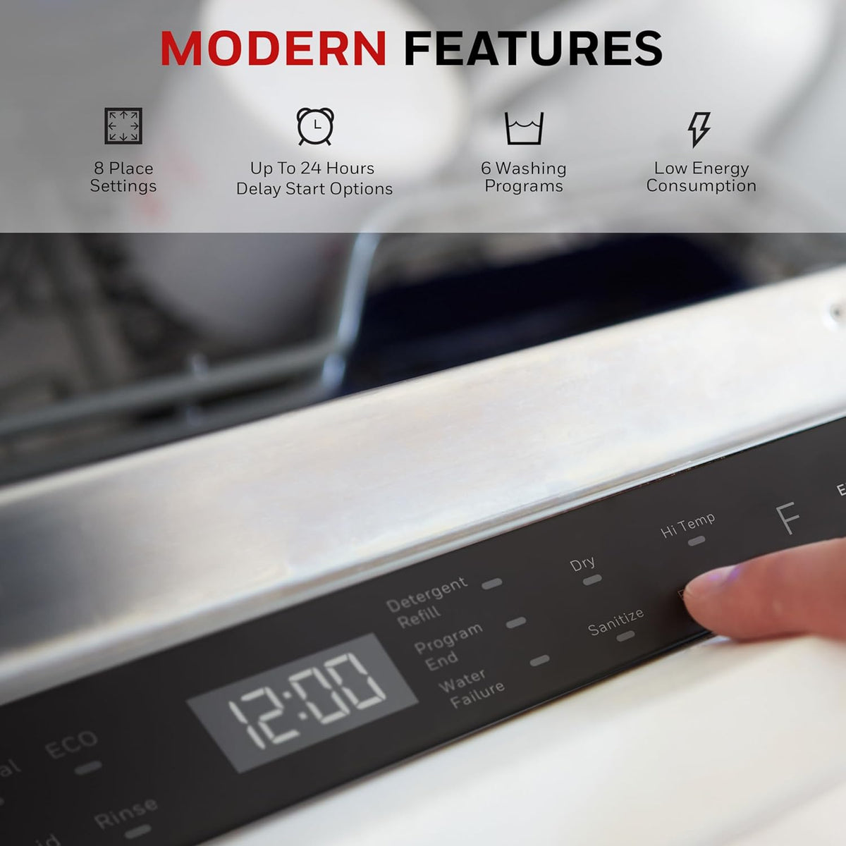 18 Inch Dishwasher with 8 Place settings, 6 Washing Programs, Stainless Steel Tub, UL/Energy Star- Stainless Steel