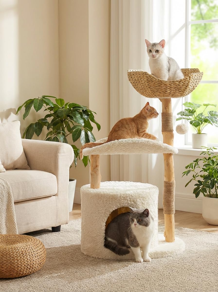 59" Modern Wood Cat Tree for Large Cats, Boho Style, Cloud White