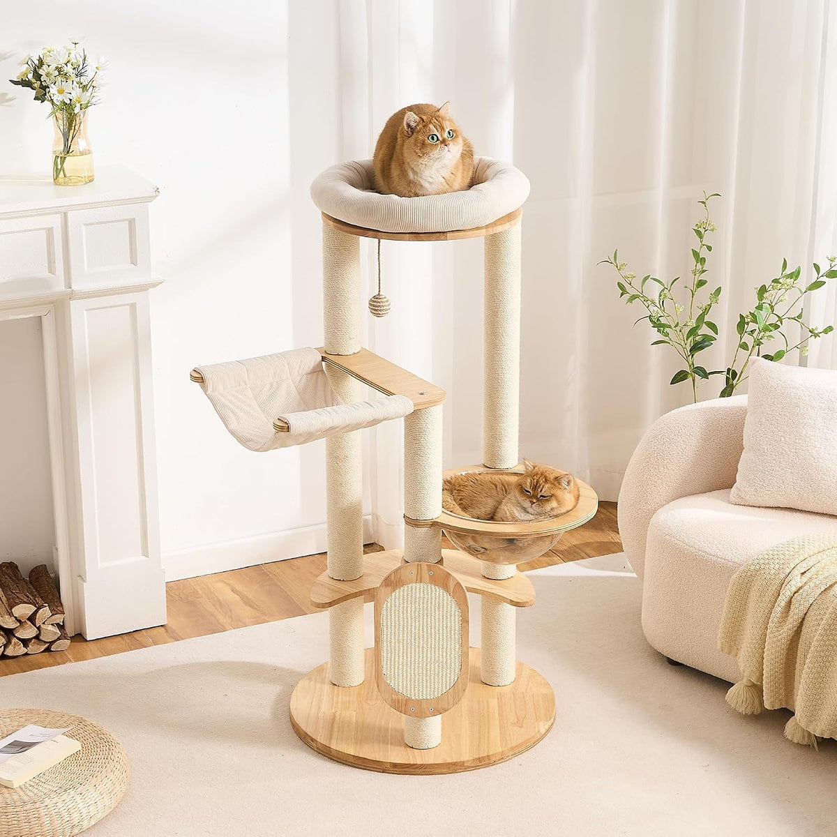 Modern Cat Tree Tower with Scratching Post, 61.5in Tall Cat Tree for Indoor Cats, Multi-Level Solid Wood Cat Furniture with Ladder, Cozy Cat Beds, Cat Condo, Capsule Nest, Dangling Toy, Natural