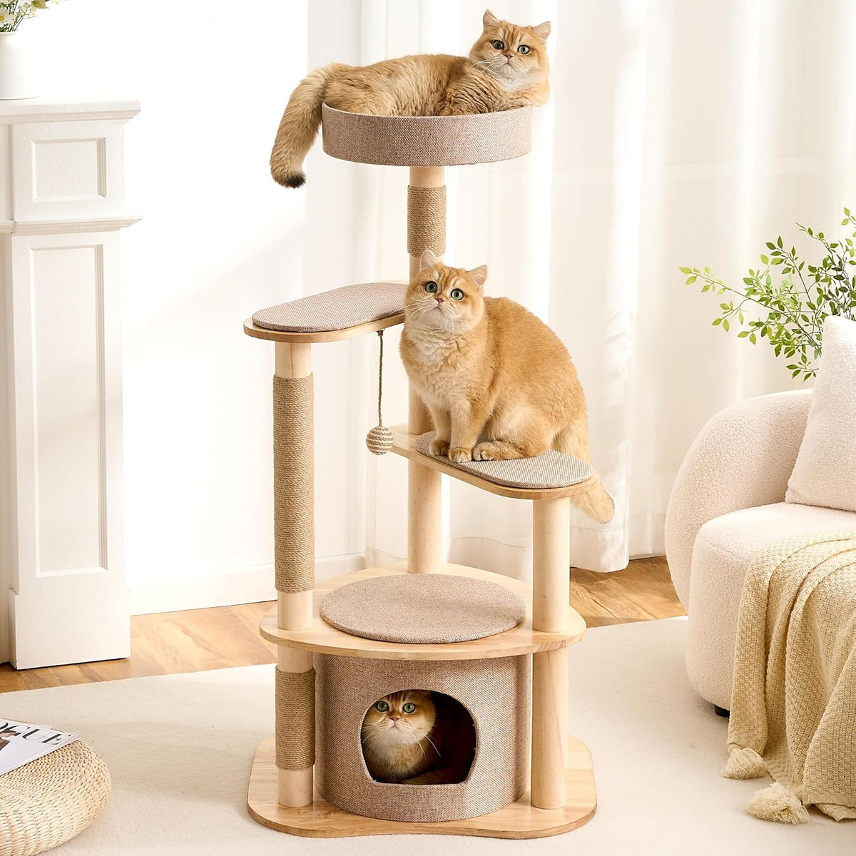 Wood Modern Cat Tree, 61.5" Cat Tower with Sisal Scratching Posts, Cat Condo, Capsule,Hamnock and Spinner Toy, Solid Wooden Aesthetic Multi-Level Cat Climbing Tree for Adult Indoor Cats-White