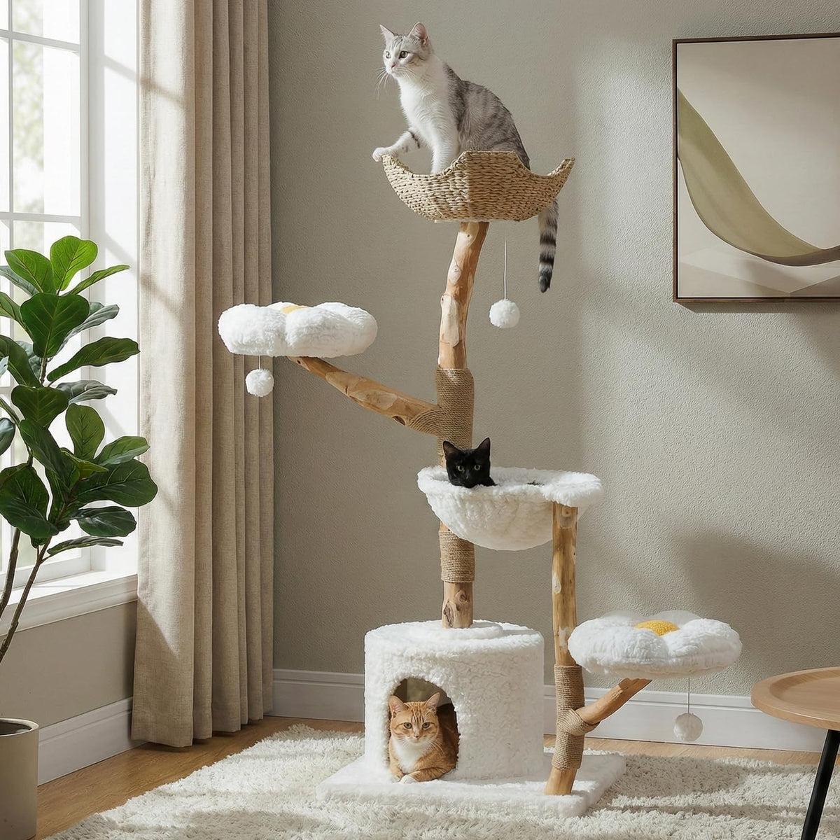 59" Modern Wood Cat Tree for Large Cats, Boho Style, Cloud White