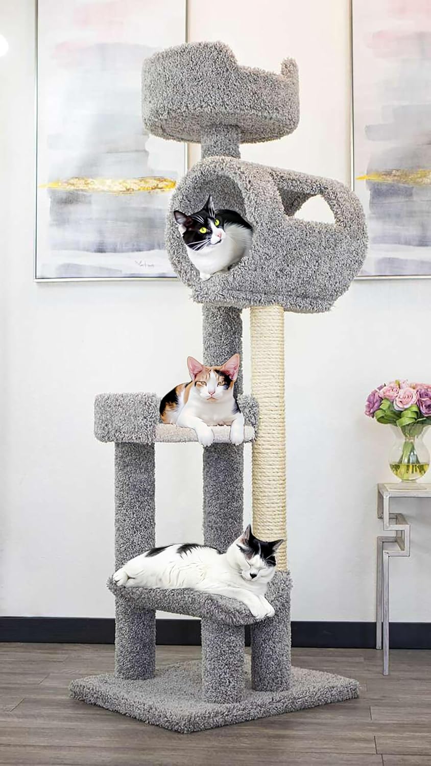 New Cat Condos 140003- Solid Wood Cat Climbing Tower Cat Tree, Gray