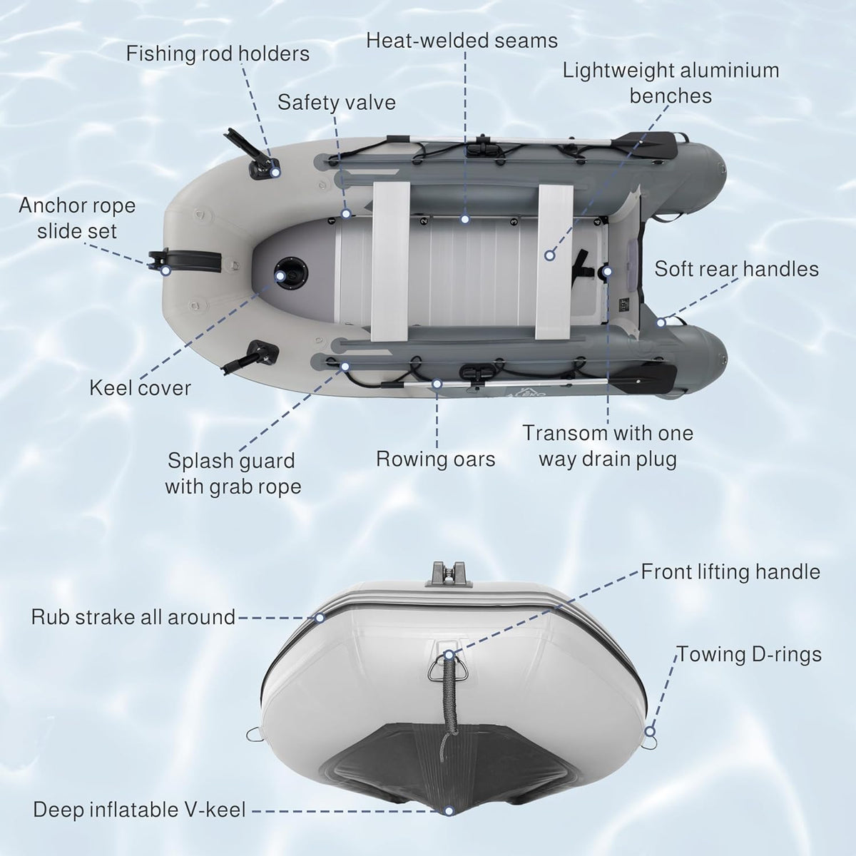 Inflatable Boat| Yacht Dinghy Tender Raft| Multi Person Fishing Boat| Aluminum Floor Oars| Fishing Rod Holders| Heavy-Duty PVC| 2024 Model