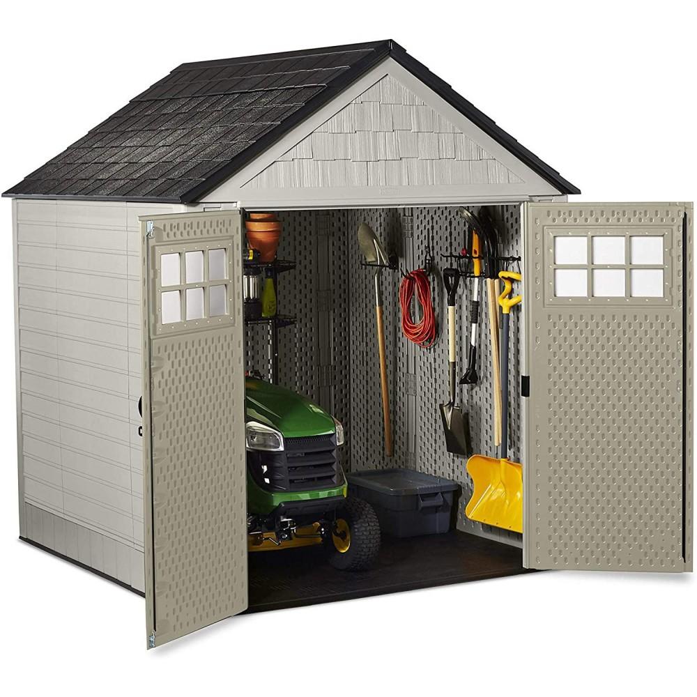 7 7 Ft Durable Weather Resistant Resin Outdoor Garden Storage Shed with Windows and Utility Hooks, Sand