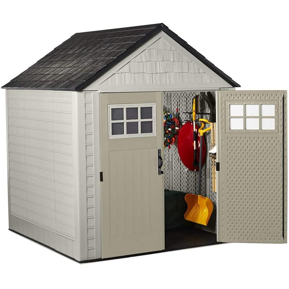 7 7 Ft Durable Weather Resistant Resin Outdoor Garden Storage Shed with Windows and Utility Hooks, Sand