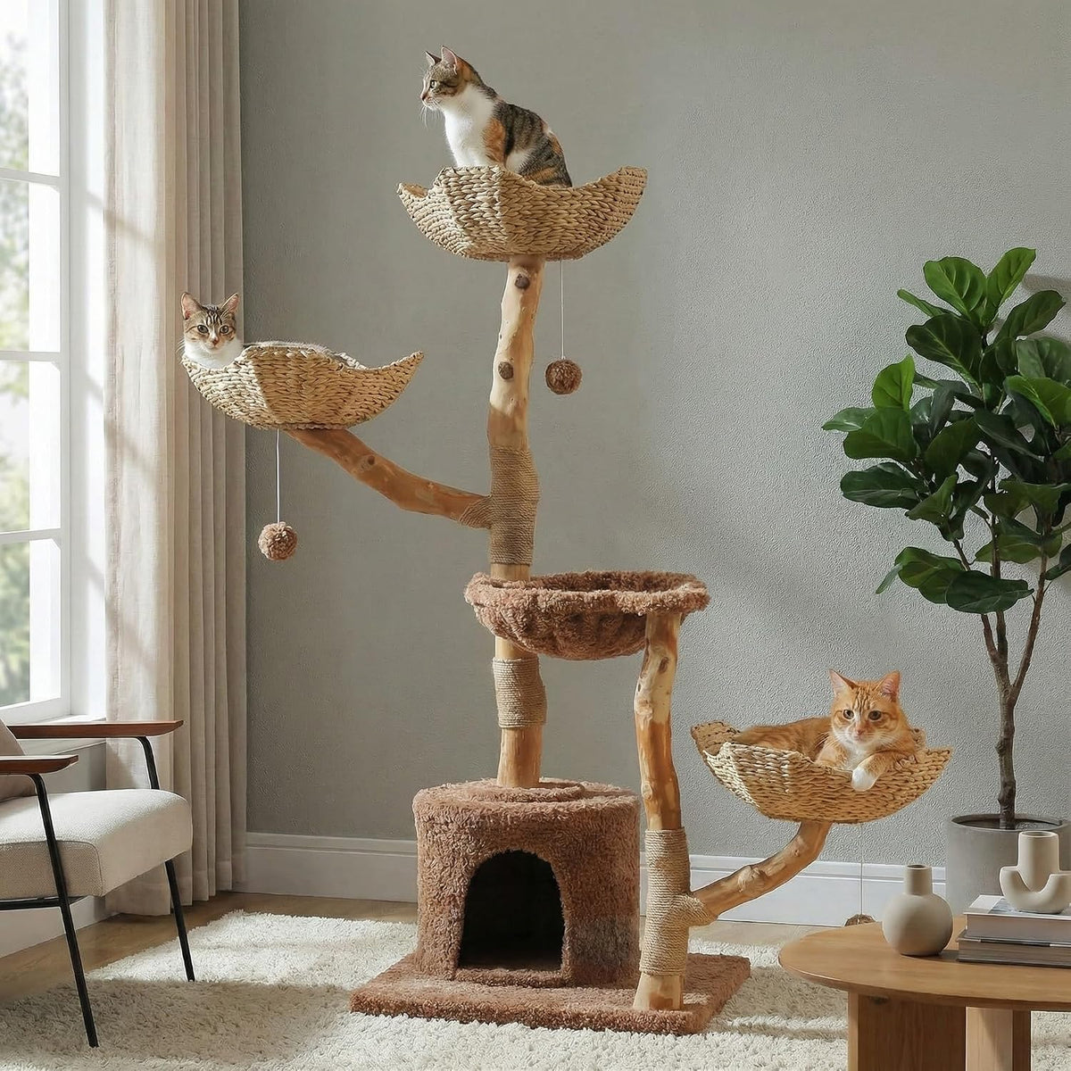 59" Modern Wood Cat Tree for Large Cats, Boho Style, Cloud White