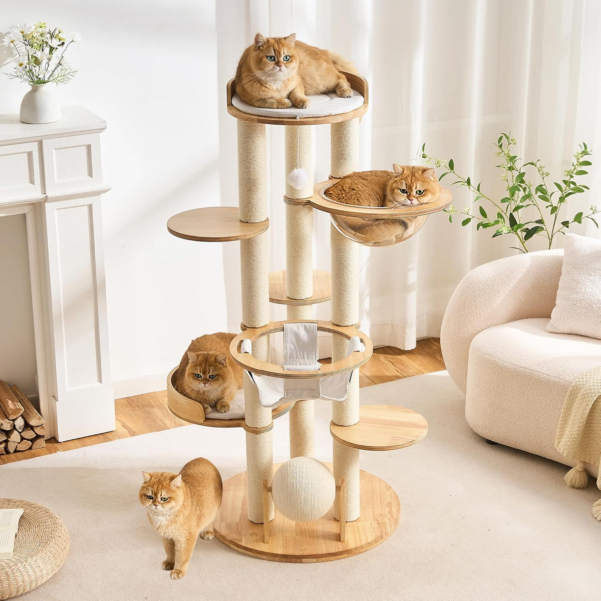 Wood Modern Cat Tree, 61.5" Cat Tower with Sisal Scratching Posts, Cat Condo, Capsule,Hamnock and Spinner Toy, Solid Wooden Aesthetic Multi-Level Cat Climbing Tree for Adult Indoor Cats-White