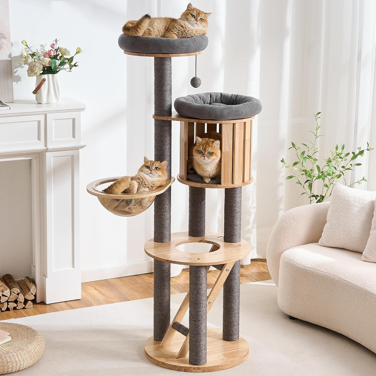 Wood Modern Cat Tree, 61.5" Cat Tower with Sisal Scratching Posts, Cat Condo, Capsule,Hamnock and Spinner Toy, Solid Wooden Aesthetic Multi-Level Cat Climbing Tree for Adult Indoor Cats-White