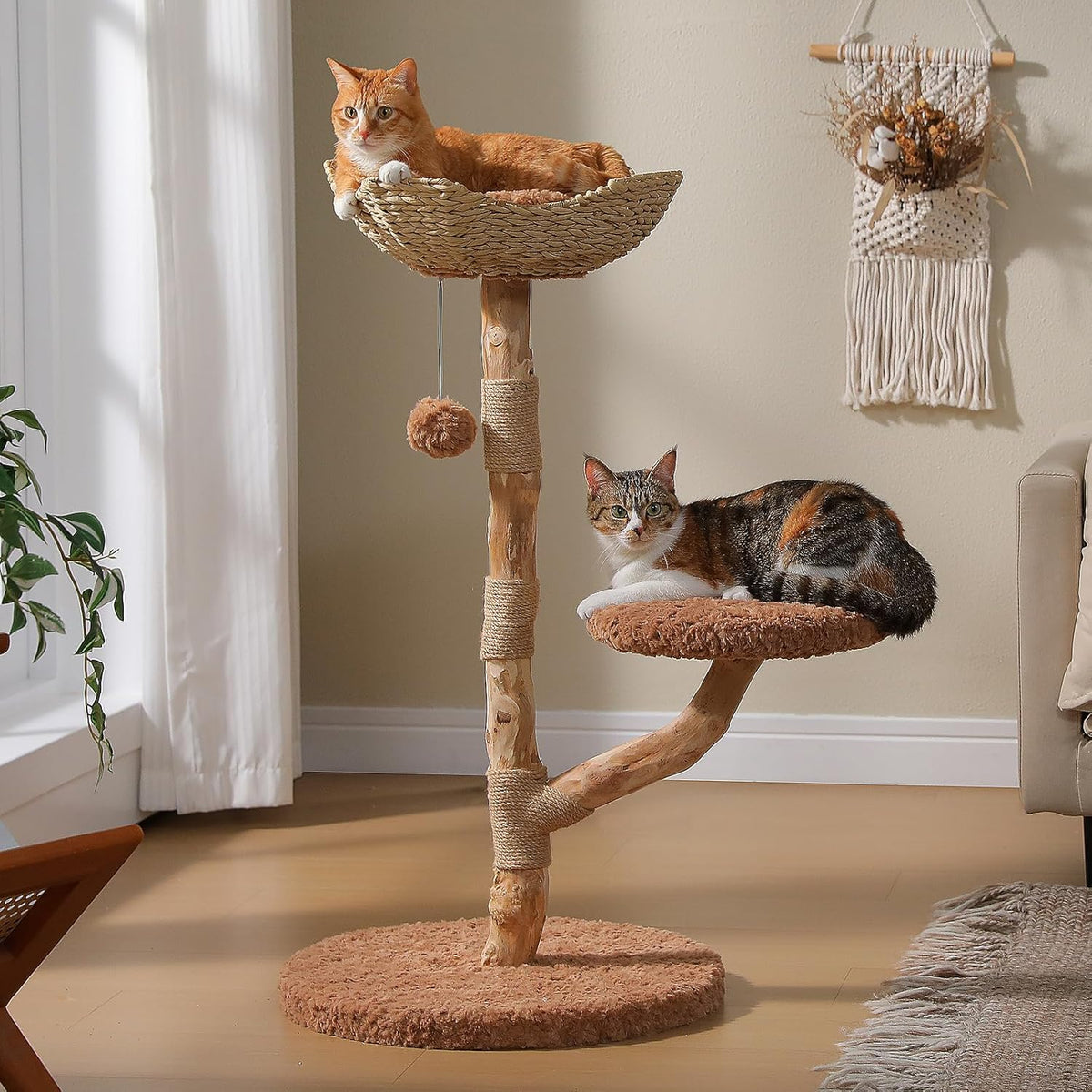 59" Modern Wood Cat Tree for Large Cats, Boho Style, Cloud White