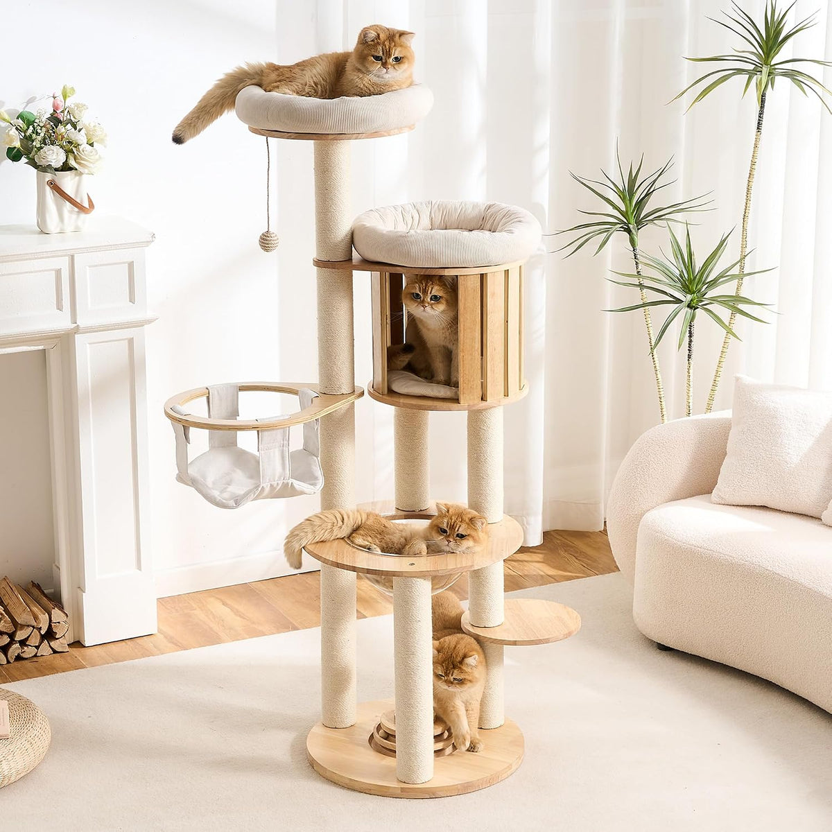 Wood Modern Cat Tree, 61.5" Cat Tower with Sisal Scratching Posts, Cat Condo, Capsule,Hamnock and Spinner Toy, Solid Wooden Aesthetic Multi-Level Cat Climbing Tree for Adult Indoor Cats-White