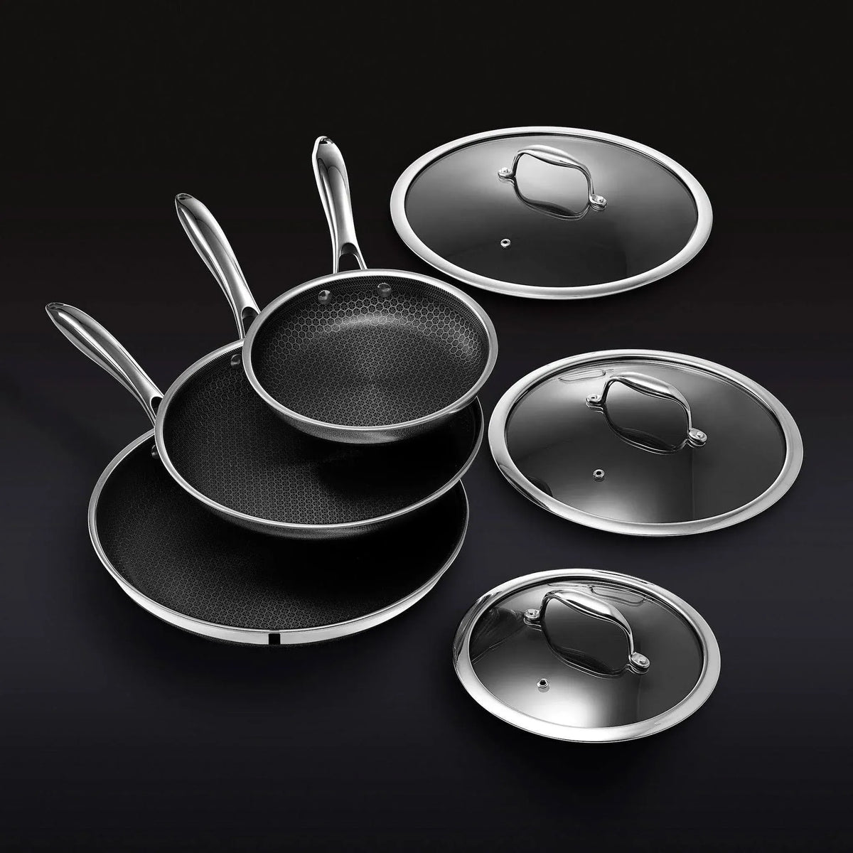 6-Piece Hybrid Stainless Steel Cookware Pan Set with Glass Lids