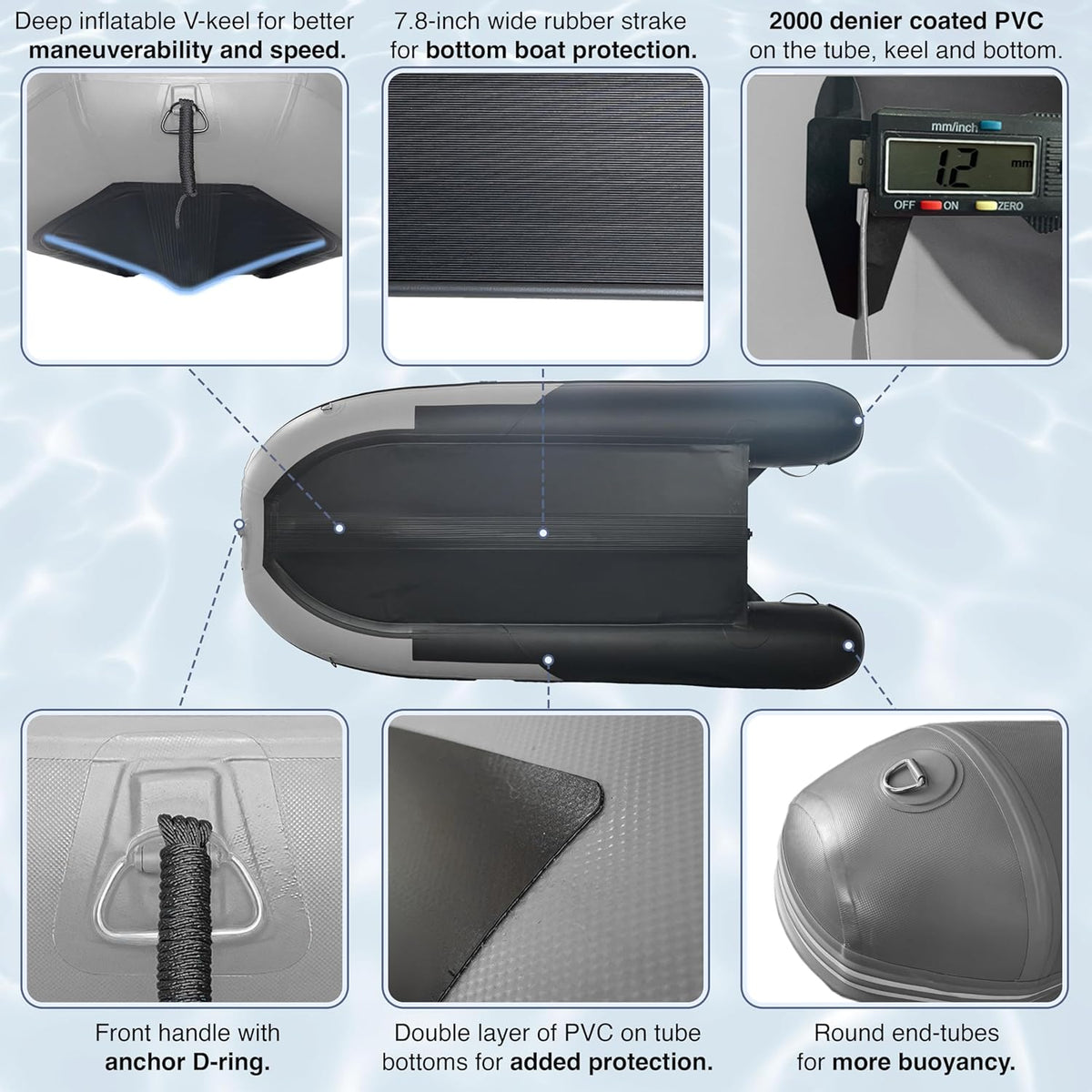 Inflatable Boat| Yacht Dinghy Tender Raft| Multi Person Fishing Boat| Aluminum Floor Oars| Fishing Rod Holders| Heavy-Duty PVC| 2024 Model