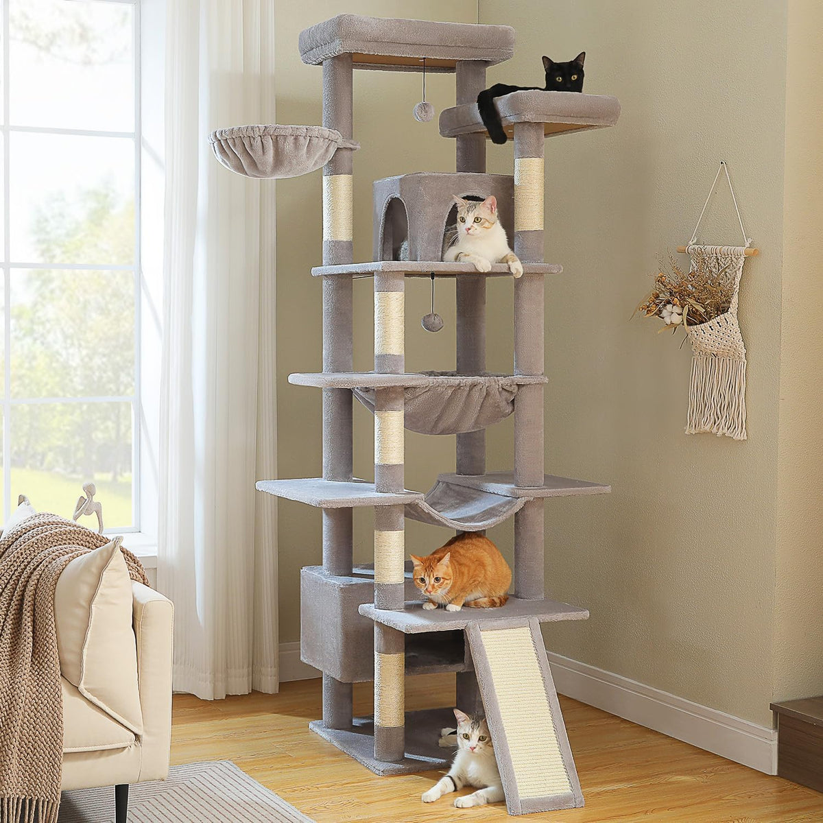 Modern Cat Tree for Large Cats, Wood Cat Tower for Indoor Cats, Real Branch Luxury Cat Furniture with Super Large Cozy Condo and Hammock & Scratching Post, Top Basket, White