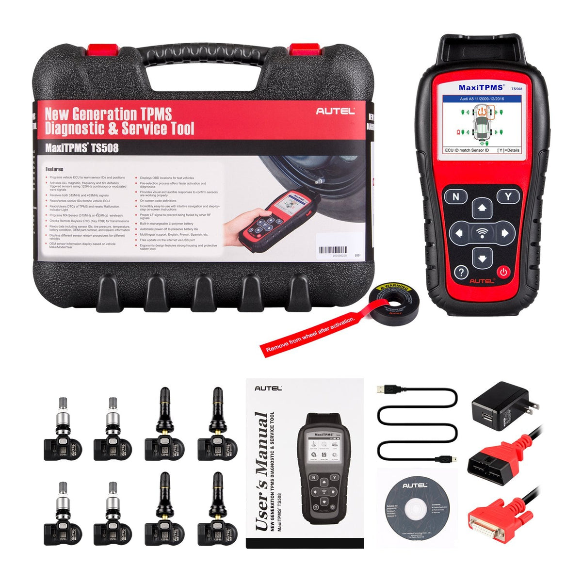 MaxiTPMS TPMS Diagnostic Service Tool, Interchangeable valves with With 4 Pcs 315MHz MX Sensor & 4 Pcs 433MHz MX Sensor