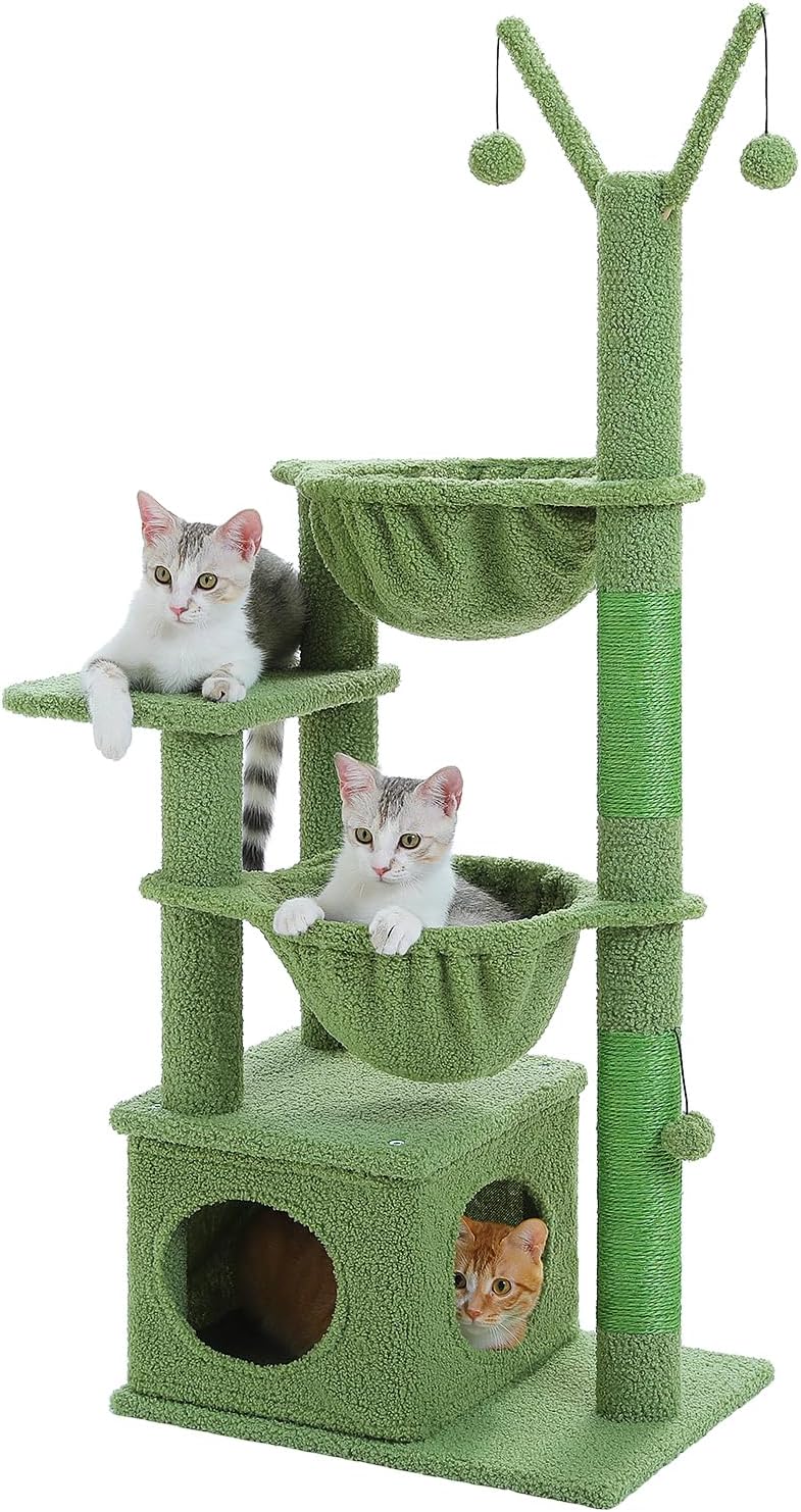 Modern Cat Tree for Large Cats, Wood Cat Tower for Indoor Cats, Real Branch Luxury Cat Furniture with Super Large Cozy Condo and Hammock & Scratching Post, Top Basket, White