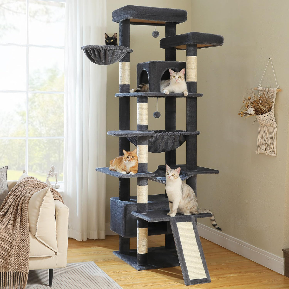 Modern Cat Tree for Large Cats, Wood Cat Tower for Indoor Cats, Real Branch Luxury Cat Furniture with Super Large Cozy Condo and Hammock & Scratching Post, Top Basket, White