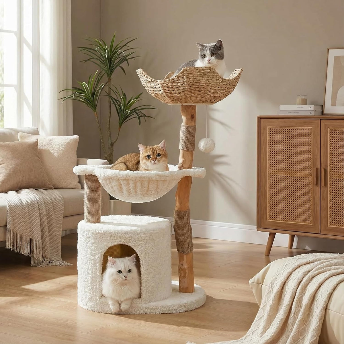 59" Modern Wood Cat Tree for Large Cats, Boho Style, Cloud White
