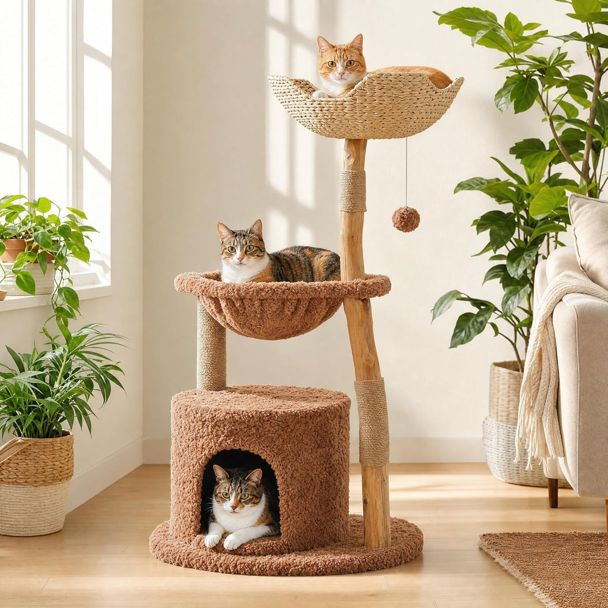59" Modern Wood Cat Tree for Large Cats, Boho Style, Cloud White