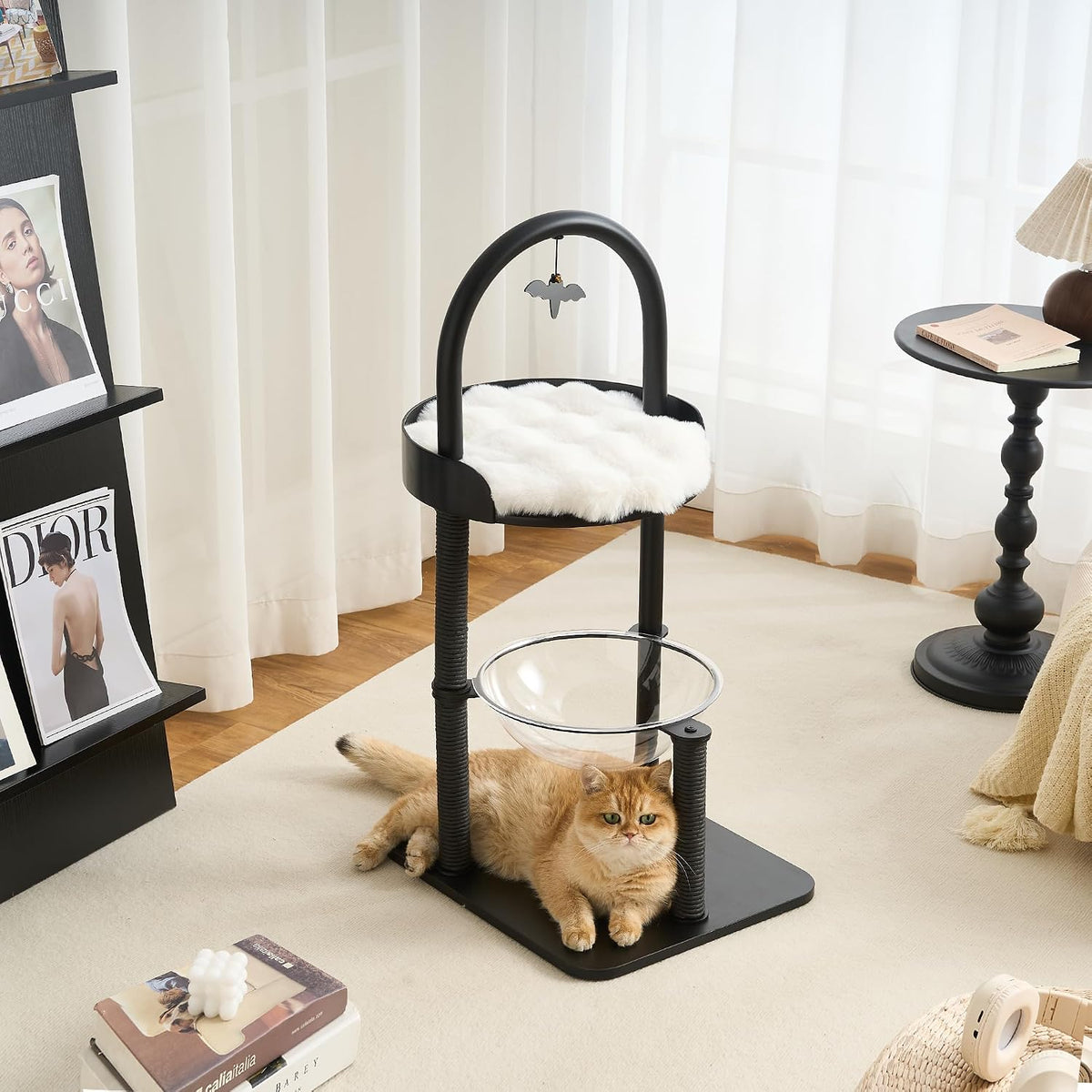 Wood Modern Cat Tree, 61.5" Cat Tower with Sisal Scratching Posts, Cat Condo, Capsule,Hamnock and Spinner Toy, Solid Wooden Aesthetic Multi-Level Cat Climbing Tree for Adult Indoor Cats-White