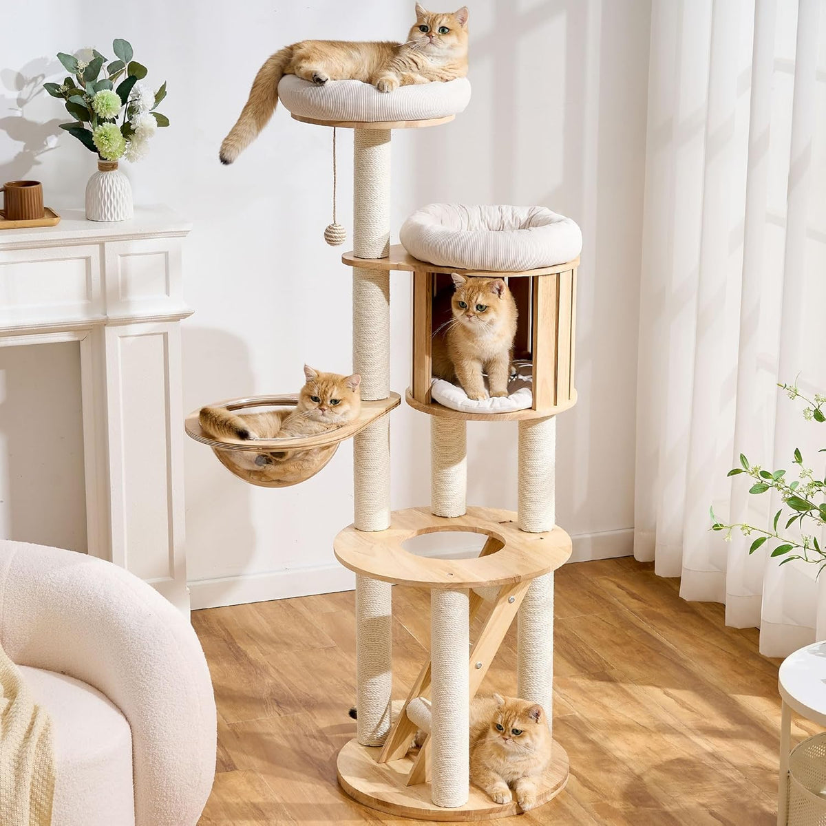 Wood Modern Cat Tree, 61.5" Cat Tower with Sisal Scratching Posts, Cat Condo, Capsule,Hamnock and Spinner Toy, Solid Wooden Aesthetic Multi-Level Cat Climbing Tree for Adult Indoor Cats-White