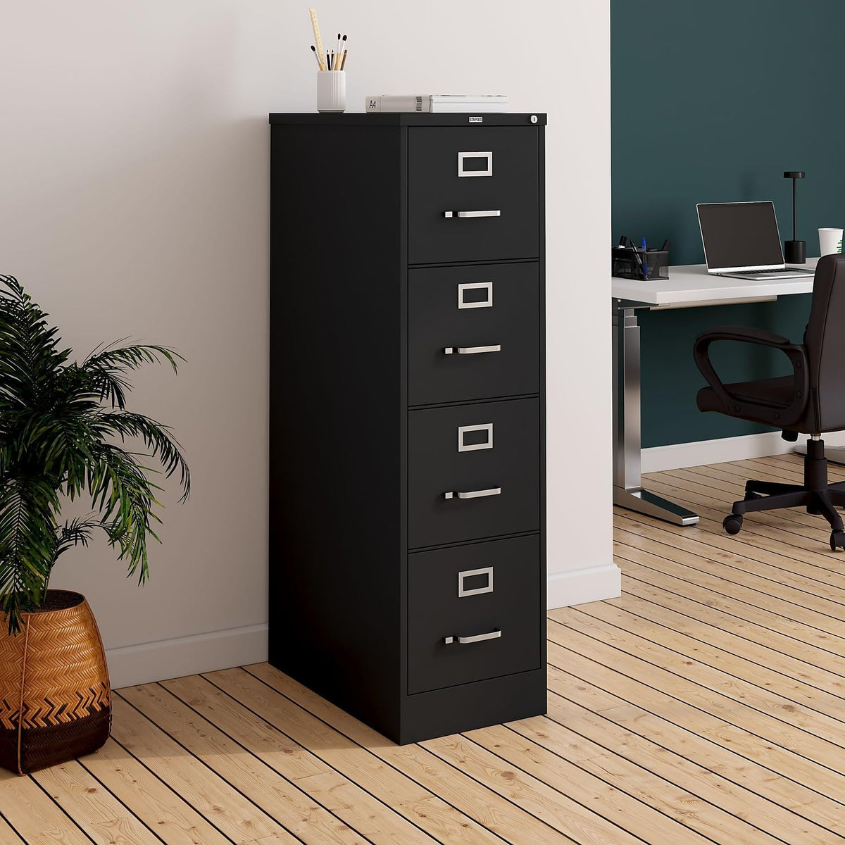 4-Drawer Lockable File Cabinet, Black