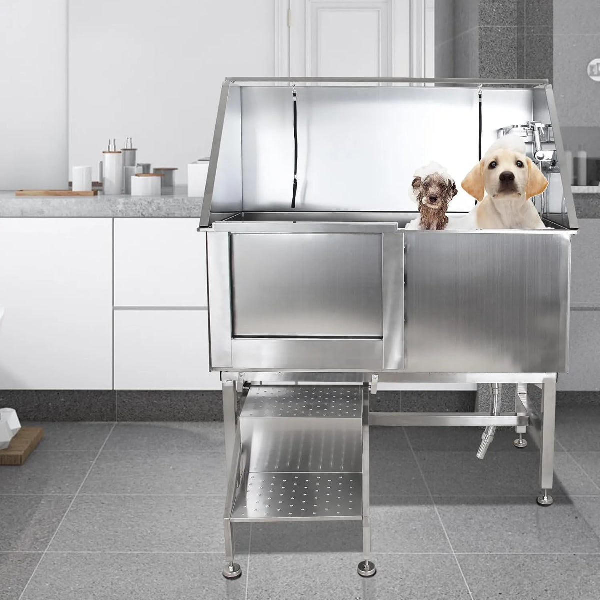 50" Dog Wash Bathtub, Pet Wash Station, Professional Stainless Steel Dog Grooming Tub with Ramp, Faucet, Sprayer, Drain Kit, Right Door