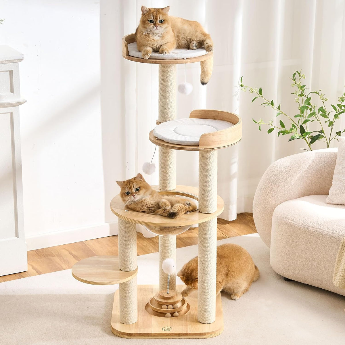 Wood Modern Cat Tree, 61.5" Cat Tower with Sisal Scratching Posts, Cat Condo, Capsule,Hamnock and Spinner Toy, Solid Wooden Aesthetic Multi-Level Cat Climbing Tree for Adult Indoor Cats-White